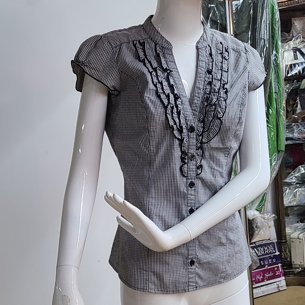 Dynamite Gingham Ruffle Front Top